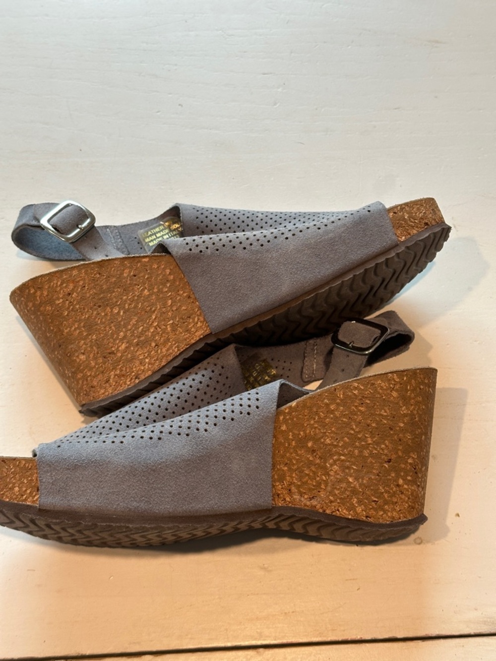 Marina Luna Gray Leather Perforated Peep-Toe Slingback Sandals - Picture 4 of 8